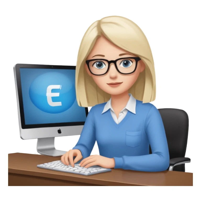 donna occhi azzurri con occhiali, capelli media lunghezza lisci, davanti al pc alla sua scrivania. è una grafica editoriale e redattrice sticker