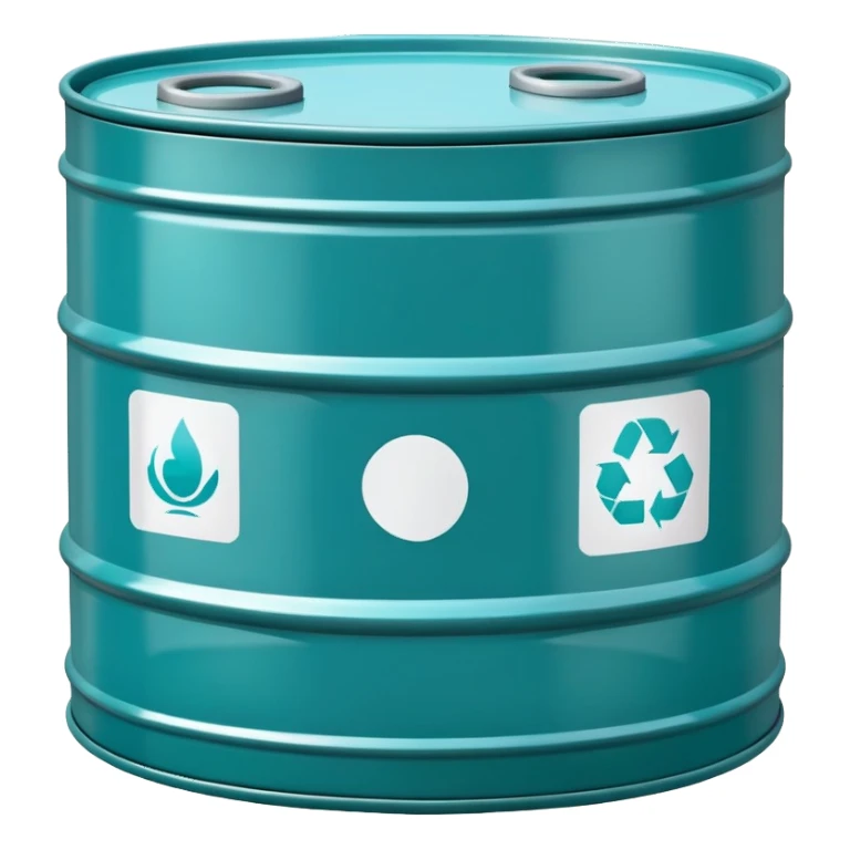 Oil barrel in cool tones with sky blue, teal green, white, and light gray sticker