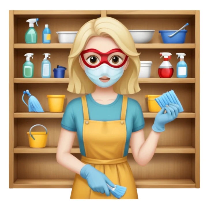 woman anxious cleaning a shelf and wearing a mask sticker