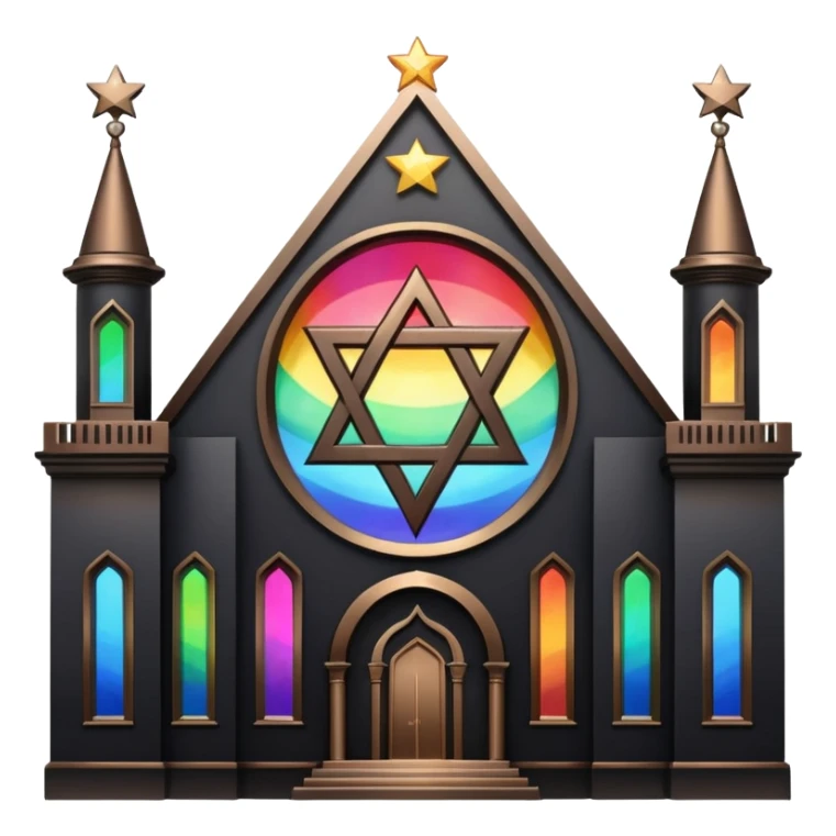 jewish synagogue temple in dark goth aesthetic style with black building and very light tint glass windows that are rainbow if looked at together. and star of david and celestial symbolism sticker