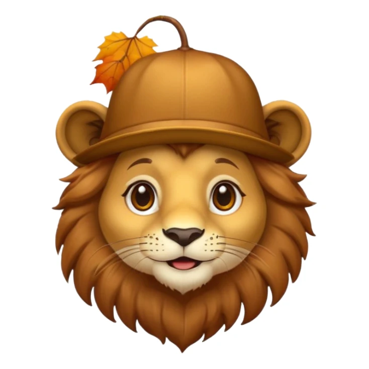 cartoon lion wearing a chestnut as a hat, big sparkling eyes, warm and friendly, autumn colors, emoji-style simplicity sticker