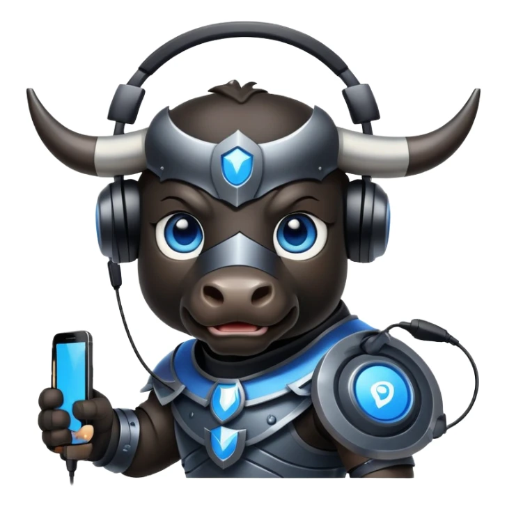 bull with blue eyes in dark armor playing games as streamer sticker