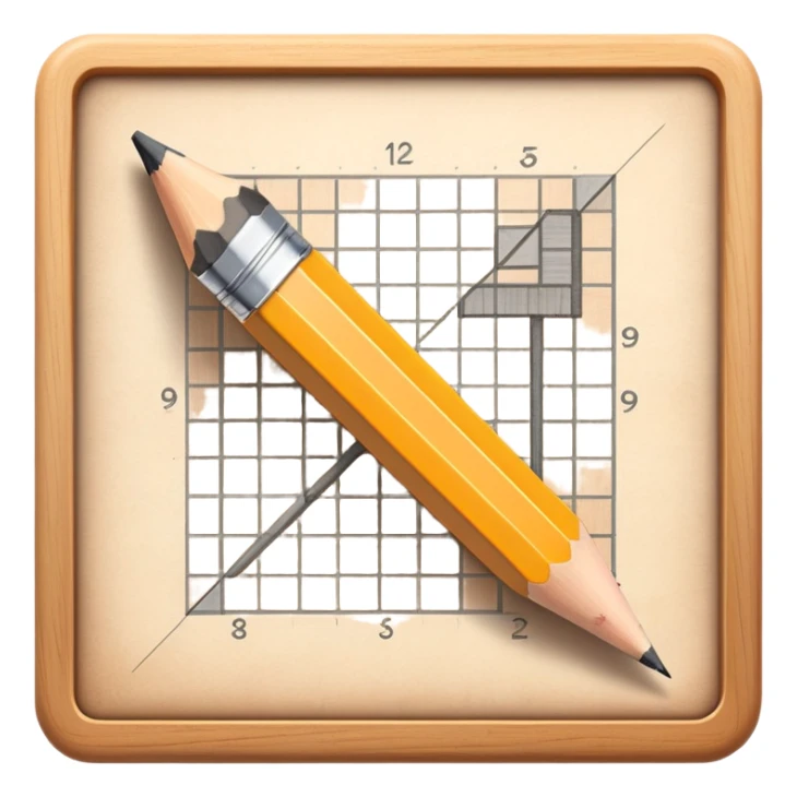 A pencil placed over a square paper grid, representing the sketching phase of a logo sticker