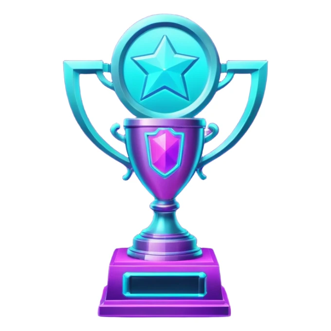 futuristic glowing neon trophy beside, purple and cyan glow, dark background sticker