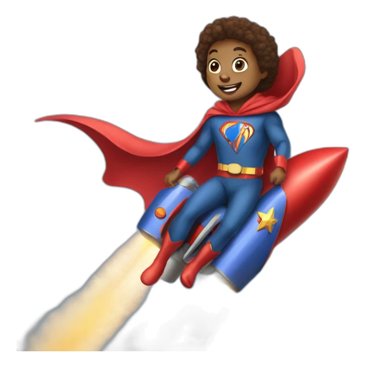 person dressed with a superhero cape but without mask is riding on a rocket sticker