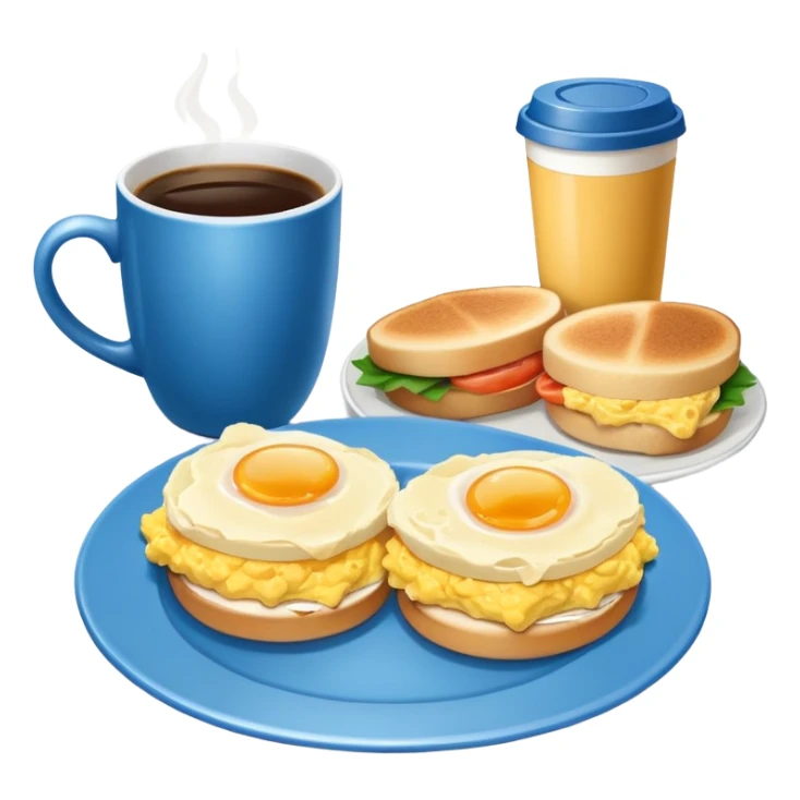 a blue plate with breakfast sandwiches and scrambled eggs and a cup of white coffee sticker