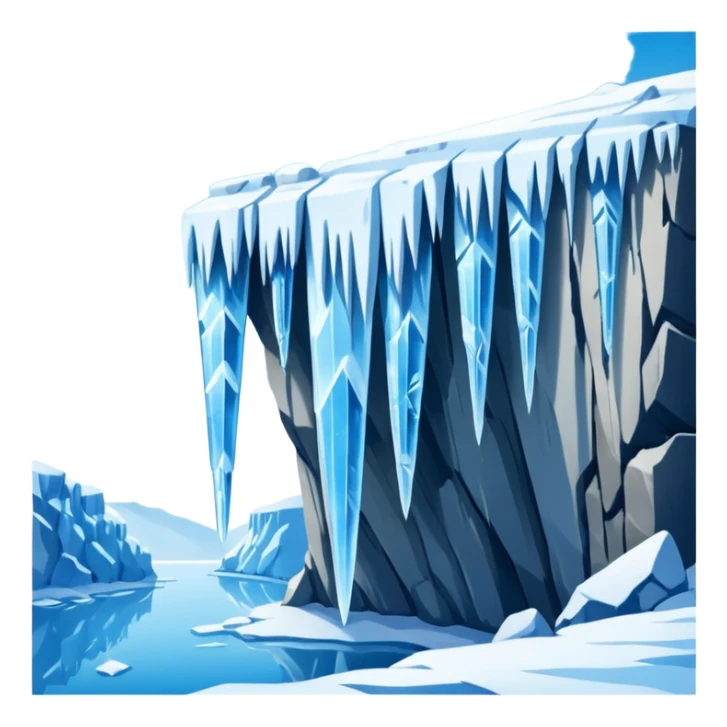 A stunning winter scene showing long, sharp icicles hanging from a frozen cliff or ledge, glistening in bright daylight. The surface is covered in snow and ice, with a cold blue and white color palette, highly detailed, realistic lighting, and frosty atmosphere. sticker