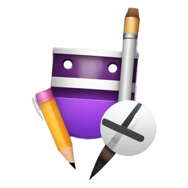 Design a modern, professional video editing icon featuring a stylized film strip, a play button, and a pencil or brush for creativity. Use purple shades with subtle gradients and glowing effects for a sleek, eye-catching look sticker
