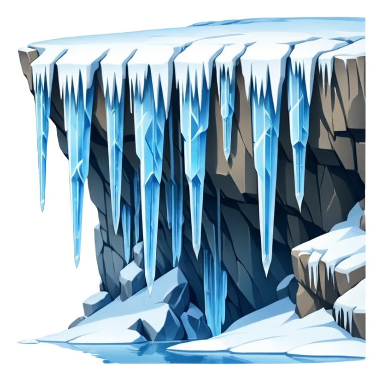 A stunning winter scene showing long, sharp icicles hanging from a frozen cliff or ledge, glistening in bright daylight. The surface is covered in snow and ice, with a cold blue and white color palette, highly detailed, realistic lighting, and frosty atmosphere. sticker