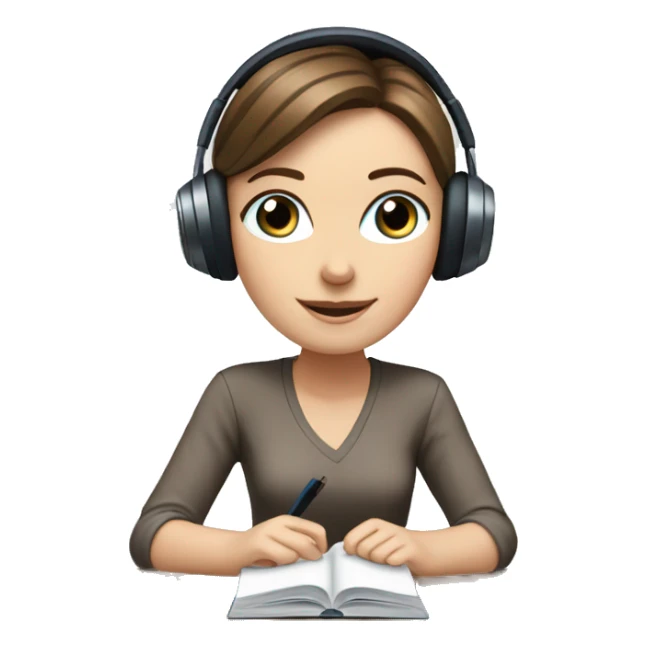 white girl studying at desk, brown hair, blue eyes, computer, headphones sticker