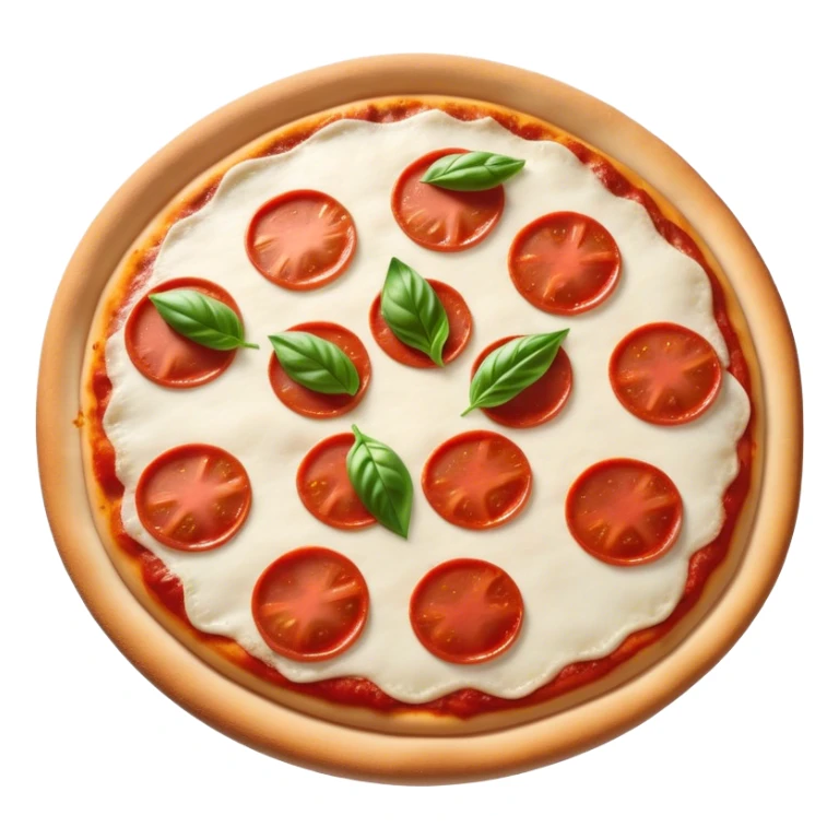 Cinematic Realistic Pizza Napoletana Dish Emoji, depicted as a classic thin‚Äêcrust pizza topped with vibrant tomato sauce, fresh mozzarella, and basil rendered with mouth‚Äêwatering textures and warm natural lighting. sticker
