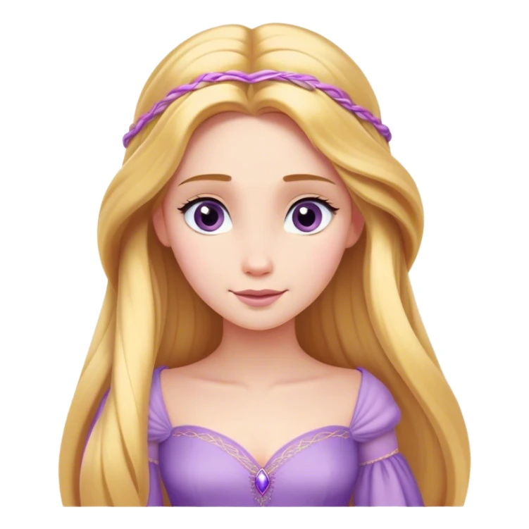 Cinematic Elegant Rapunzel Portrait Emoji, rendered in a realistic, vector-style with minimal shading and bold, simplified shapes. Depict Rapunzel (chest and above) with fair, porcelain skin, long, flowing golden hair cascading gracefully, and soft, gentle eyes, wearing her iconic light purple gown. The image glows with a soft, enchanting radiance and high shine, capturing timeless fairy-tale beauty. sticker