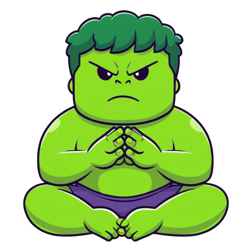 Hulk calming down, green superhero transitioning from angry to peaceful, breathing deeply, meditation pose, relaxing expression sticker