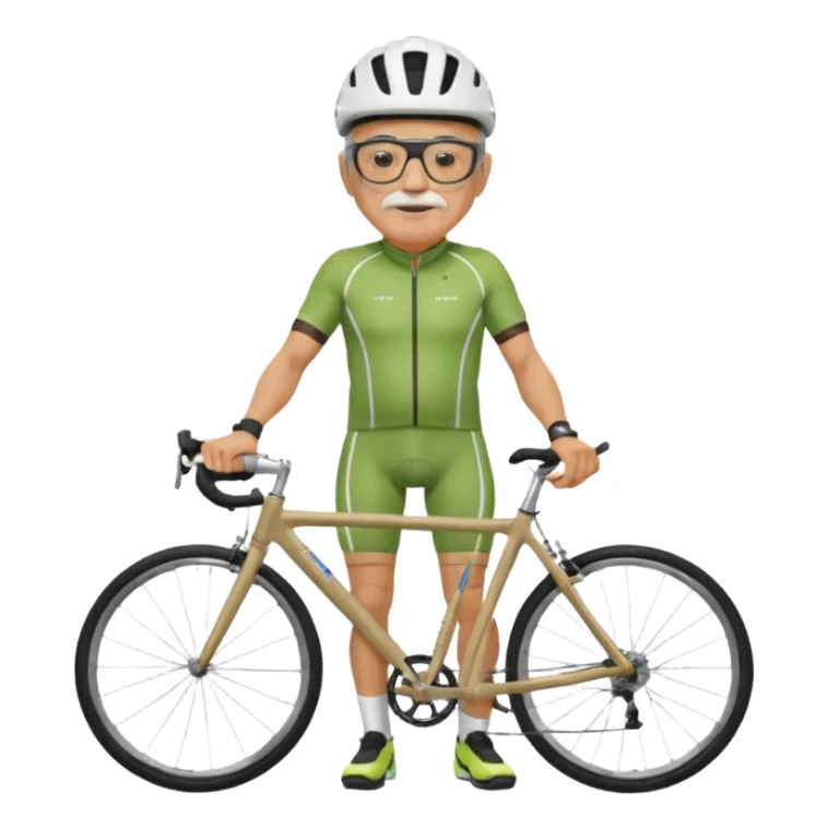 older, 60-year-old man, about 200lbs, with visor under helmet, and mirror on glasses, in cycling clothes, straddling road bike, graphic design sticker