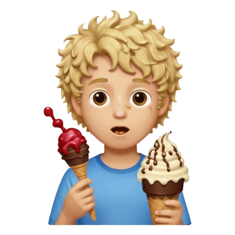 boy blonde curly hair, chef, eating big chocolate ice cream sticker