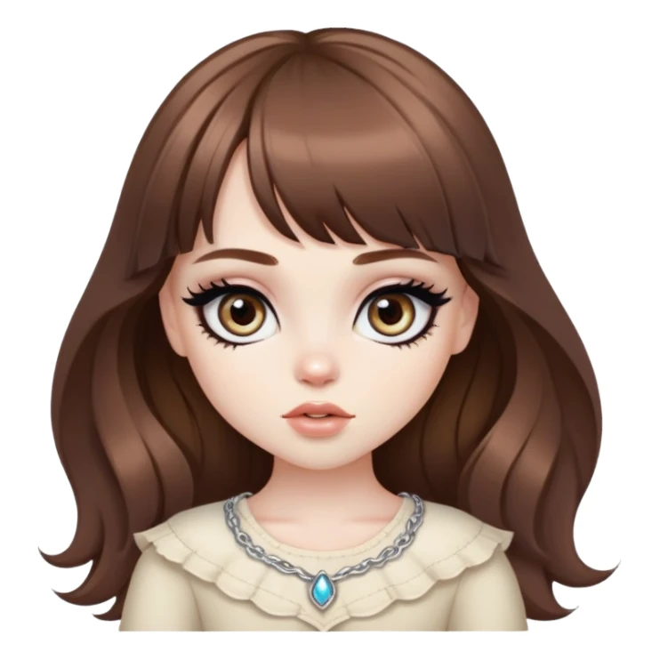 wavy brown long bangs hair, pale skin,  heterochromia iris, pretty bratz baddie, strong black eyeliner sticker