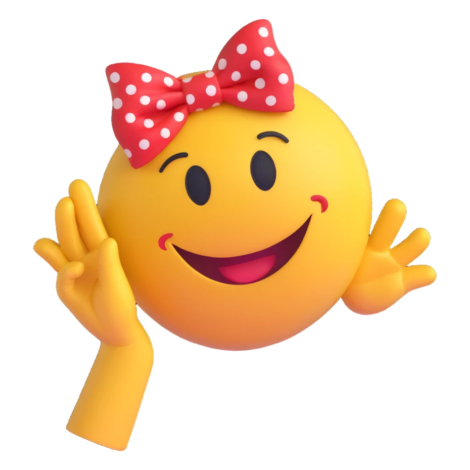 3D smiley emoji, large eyelashes, red polka dot bow, winking, smiling, waving with one hand, cute style sticker