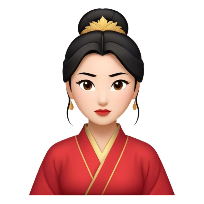 Cinematic Elegant Mulan Portrait Emoji, rendered in a flat, vector-style with minimal shading and bold, simplified shapes. Depict Mulan (chest and above) with warm, light-toned skin, almond-shaped eyes, and sleek black hair styled in a traditional bun. She wears a modest, traditional robe with subtle red and gold accents, glowing with a soft, refined radiance and high shine, capturing timeless beauty and inner strength. sticker