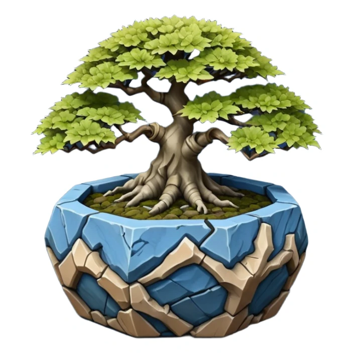Korean very old broken Stone Age rocky-crusted dodecahedron-shaped shallow dark moss rough bark blue maple tree bonsai pot sticker