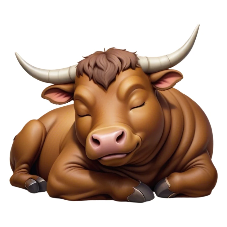 Meme-Worthy Cute Sleeping Brown Bull Portrait Emoji, Head resting peacefully with a contented smile, showcasing a robust, massive build and a luxuriously soft rich brown hide, eyes shut in a serene, restful nap, Simplified yet hilariously adorable features, highly detailed, glowing with a soft, drowsy light, high shine, relaxed and utterly lovable, stylized with an air of playful laziness, bright and heartwarming, soft glowing outline, capturing the essence of a comically sleepy guardian, so meme-worthy it feels like it could instantly become the next viral sensation of adorable slumber! sticker