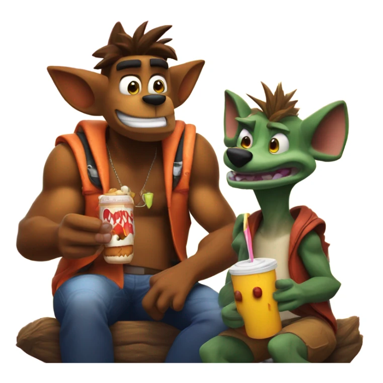 crash bandicoot eating a hot dog with dingodile sticker
