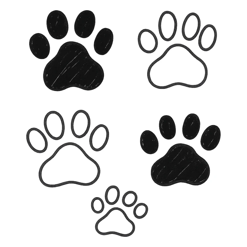 Кошачьи лапки в стиле дудлинг — милые отпечатки и силуэты лапок, расположенные хаотично или в узоре sticker