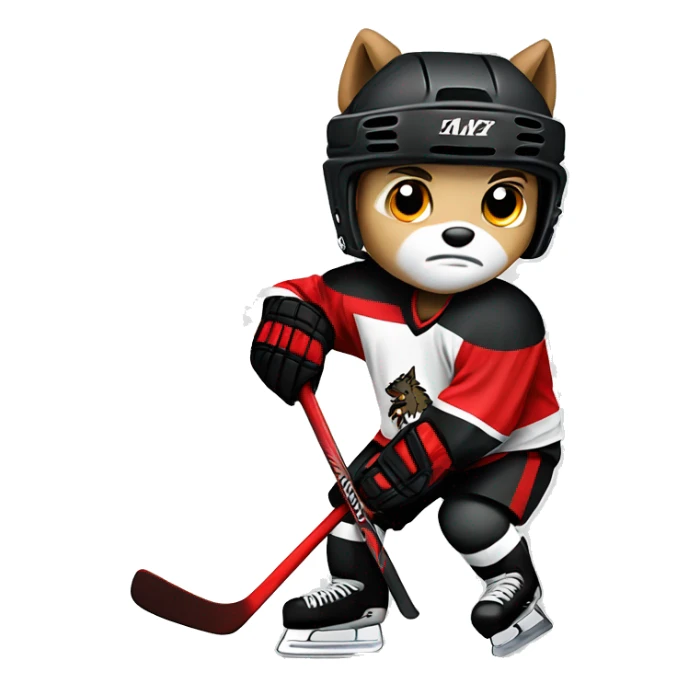 A wolf hockey player in a white red and black uniform holds a puck sticker