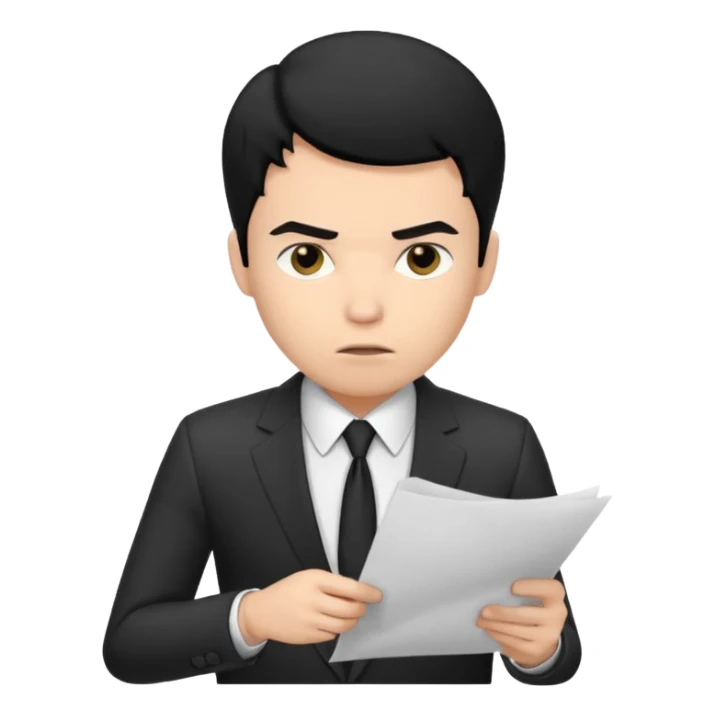 male office doubt face looking at paper with black hair sticker
