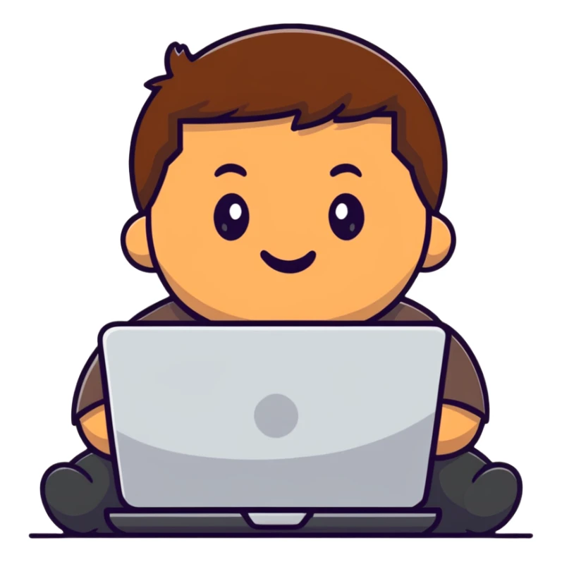fat brown kid with brown hair using laptop sticker