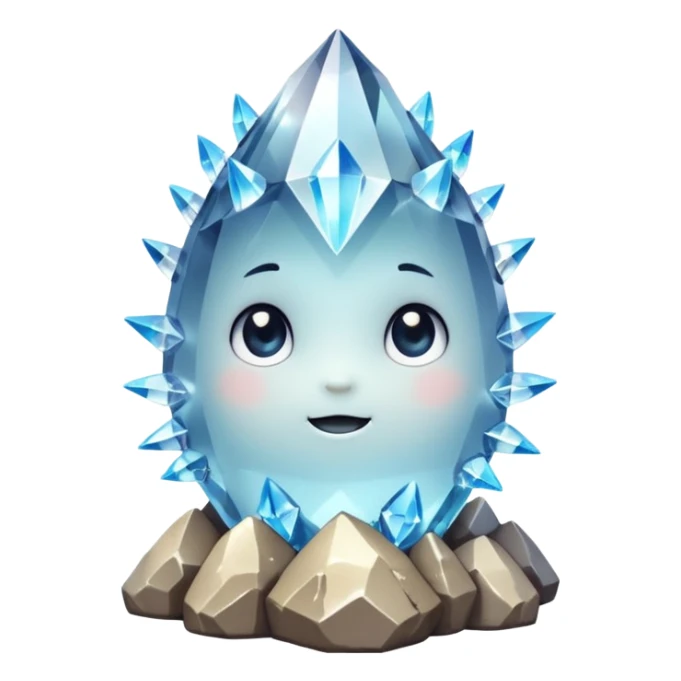 A single cute crystal rock character inspired by a clear quartz cluster, chunky round base with many tall transparent crystal spikes growing upward all around it  sticker