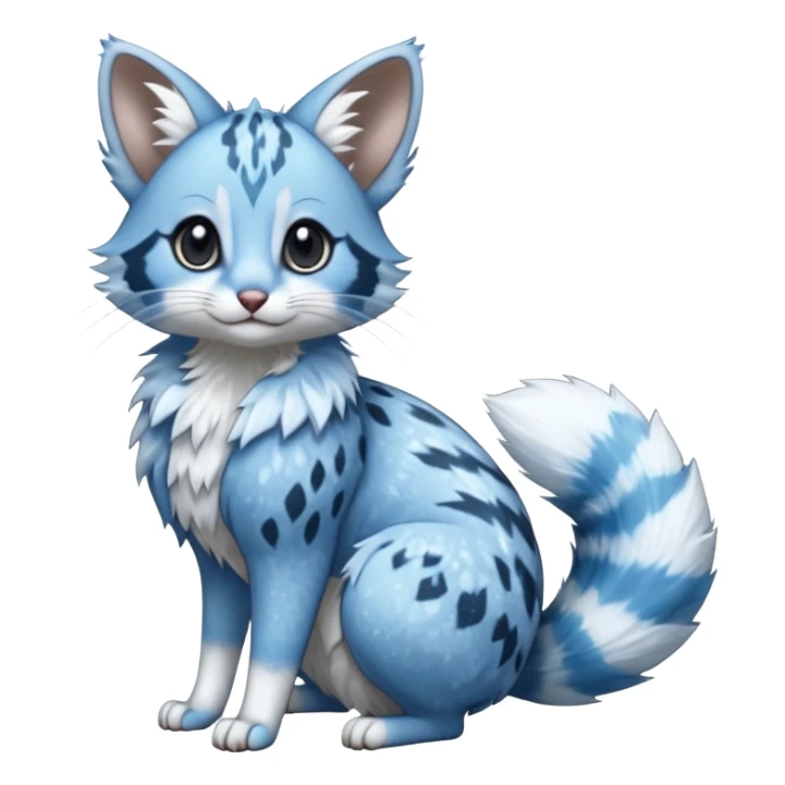 Hyper realistic  glacier-blue fur edged in frost-crystal lace and diamond sparkle dust beautiful elegant pretty precious cute  Fakémon-Pokémon-opossum-feline-serval-caracal-chinchilla-Furret-Minccino-hybrid-creature with a big fluffy bushy tail (full body) sticker