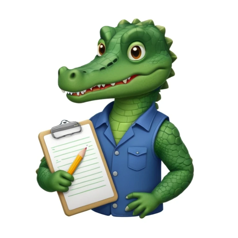 A gator with a serious face holding a clipboard and a pencil, offwhite background sticker