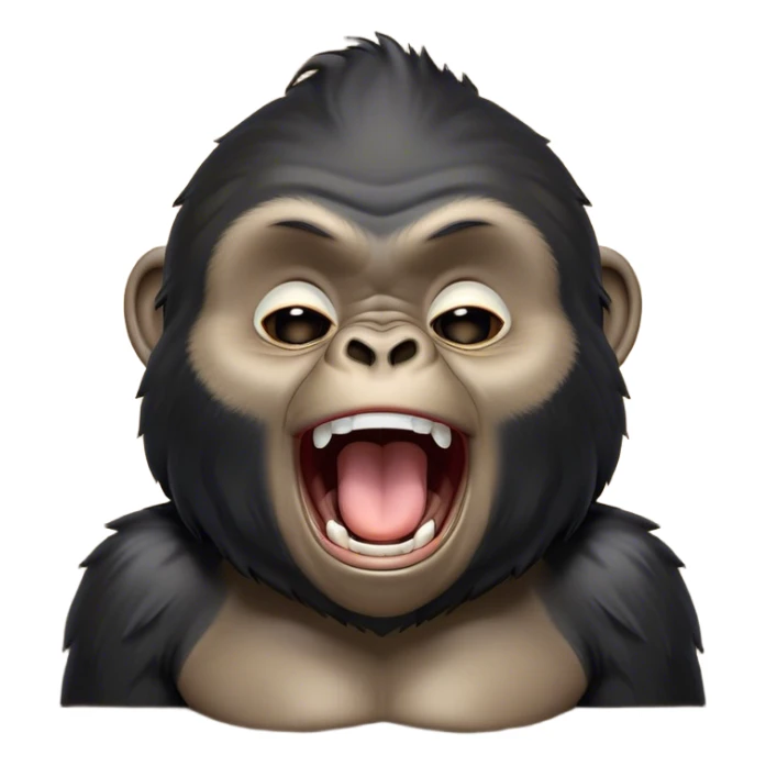 Cinematic Cute Yawning mountain Gorilla Portrait Emoji, Head tilted slightly with a dramatic, wide-open yawn, showcasing a formidable build with a black and greyy mane and drowsy, half-closed eyes, Simplified yet irresistibly adorable features, highly detailed, glowing with a soft, cozy jungle glow, high shine, relaxed yet expressive, stylized with a dash of whimsical primate charm, soft glowing outline, capturing the essence of a drowsy yet affectionate guardian that appears ready to stretch out for a nap! sticker