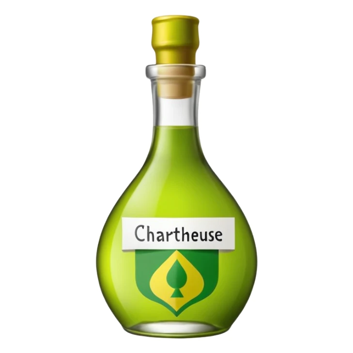 Une bouteille de chartreuse verte sous forme de drapeau avec ecrit chartreuse sur l'etiquette sticker