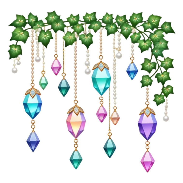 Exotic romantic Few cute tiny Iridescent glistening glossy sparkly shiny glittery hanging crystals pearls and beads and gemstones scenery scenic decorations with ivy and flowers sticker
