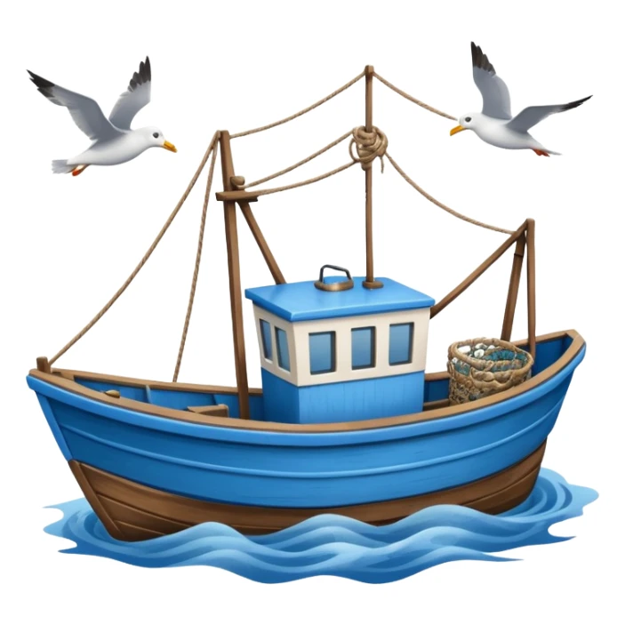 Design a small fishing boat with nets & seagulls around it. sticker