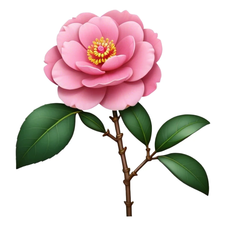 single pink Camellia flower, stem sticker