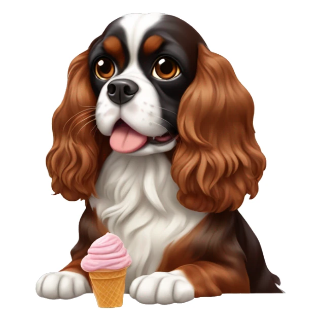King Charles spaniel tricolor, eating chocolate ice cream sticker