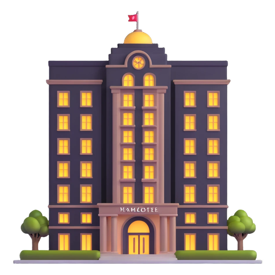luxurious hotel building with lit entrance and many floors sticker
