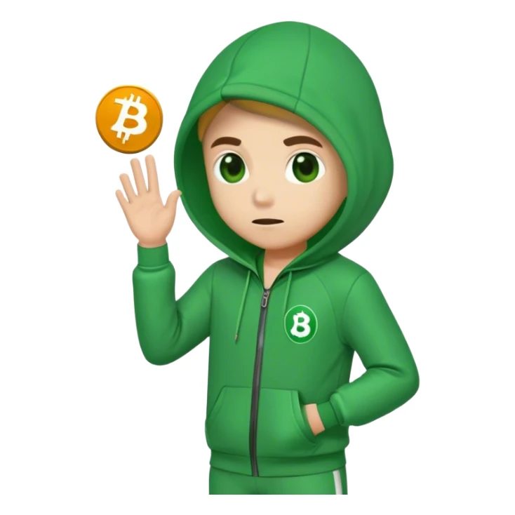 "Squid Game player emoji, green tracksuit with number 333, Bitcoin symbol ₿, representing his involvement with cryptocurrency sticker