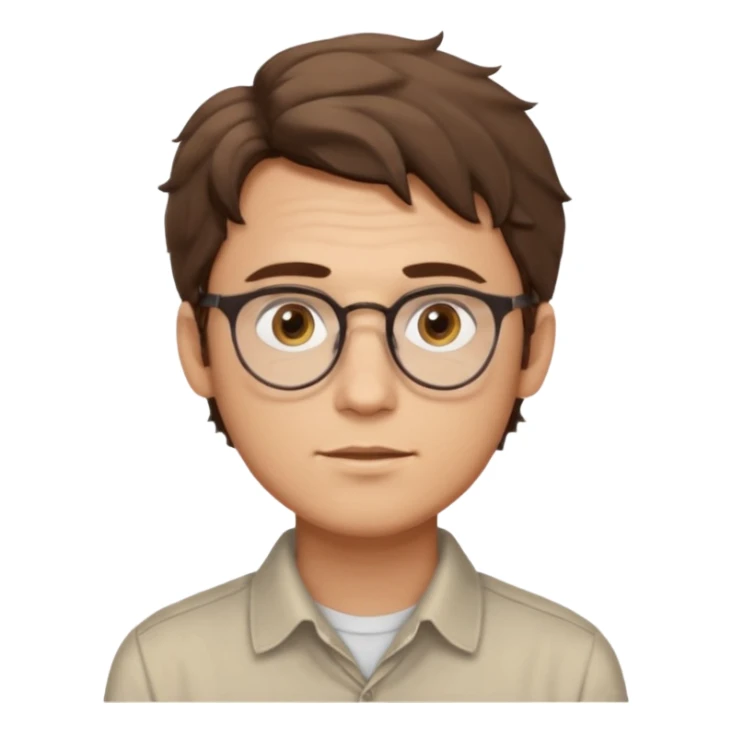 male Slim, slightly oval face, light skin.
Medium-length brown wavy hair, slightly messy.
Brown eyes, round eyeglasses.
Soft, calm expression.
No beard or very light stubble. sticker