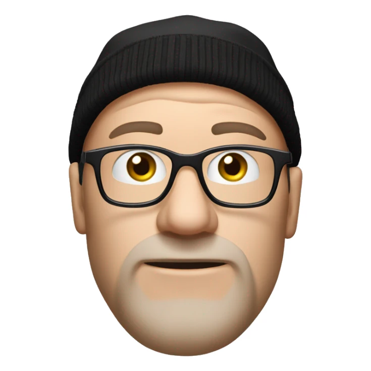 a white-skinned man in a black winter hat, two horns grow from his forehead, he wears glasses and a red Manchester United T-shirt sticker