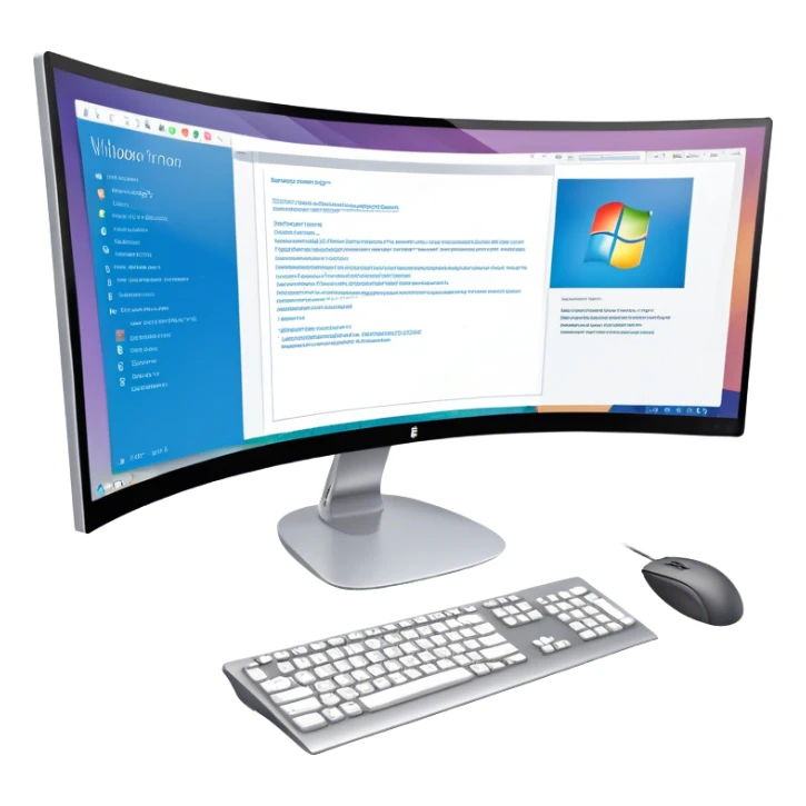 Create an emoji for UX/UI design. Show  large curved monitor displaying windows with UX/UI design HTML program interface. Include a mouse, keyboard, and stylus next to the screens. Use modern, professional colors. Do not include any emojis or smiley faces. Make the background transparent. sticker