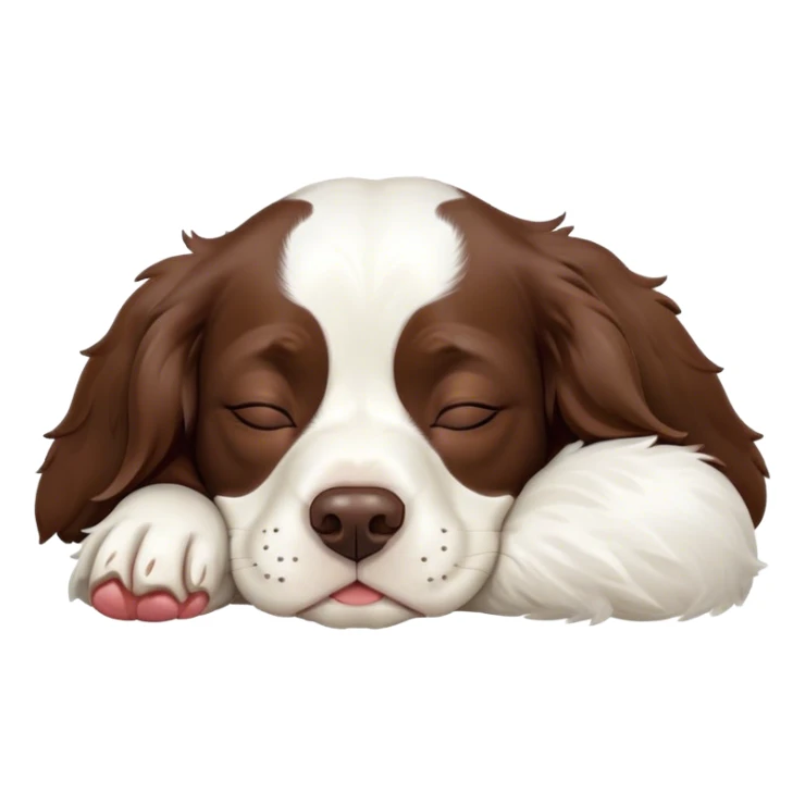 Meme-Worthy Cute Sleeping Springer Spaniel Portrait Emoji, Head resting peacefully with a contented smile, showcasing a delightfully agile build and a luxuriously soft liver and white Fur, eyes shut in a serene nap, Simplified yet hilariously adorable features, highly detailed, glowing with a soft, drowsy light, high shine, relaxed and utterly lovable, stylized with an air of playful laziness, bright and heartwarming, soft glowing outline, capturing the essence of a comically sleepy companion, so meme-worthy it feels like it could instantly become the next viral sensation of adorable slumber! sticker