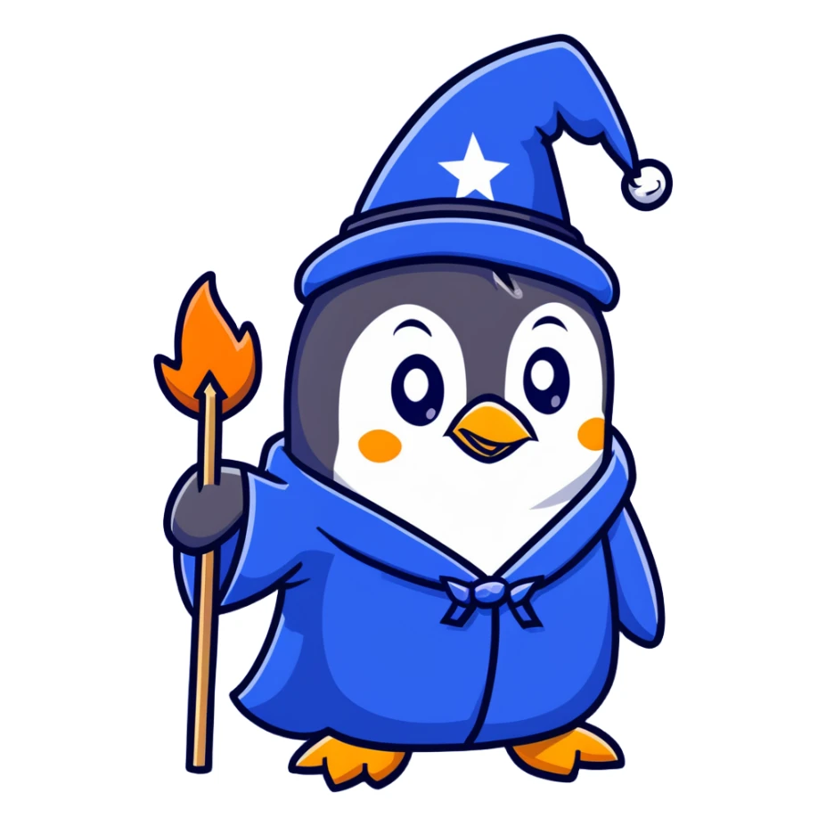 A penguin in a blue wizard robe and pointy hat with stars, casting a magical spell sticker