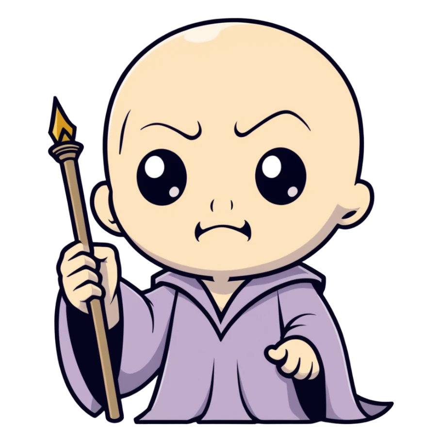 cartoon style Voldemort, holding a wand, menacing expression, pale and bald sticker