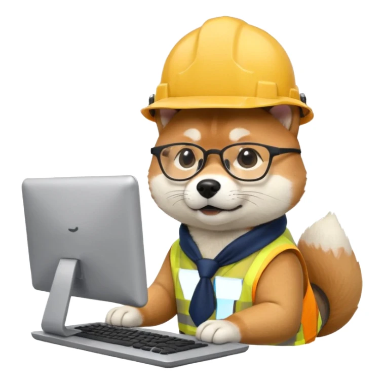 shiba inu with eye glasses and computer wearing a hard hat sticker