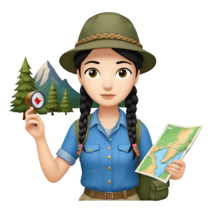A braid black hair backpacking woman checking her map with curious eyes while walking with camping hat full body sticker
