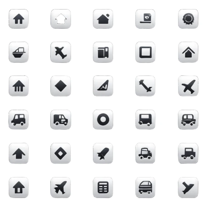 square minimal icons, space semiotic, black print on white background, square outline icons, minimalist symbols, transportation, economy, engineering, industry. Designed for signage.  sticker
