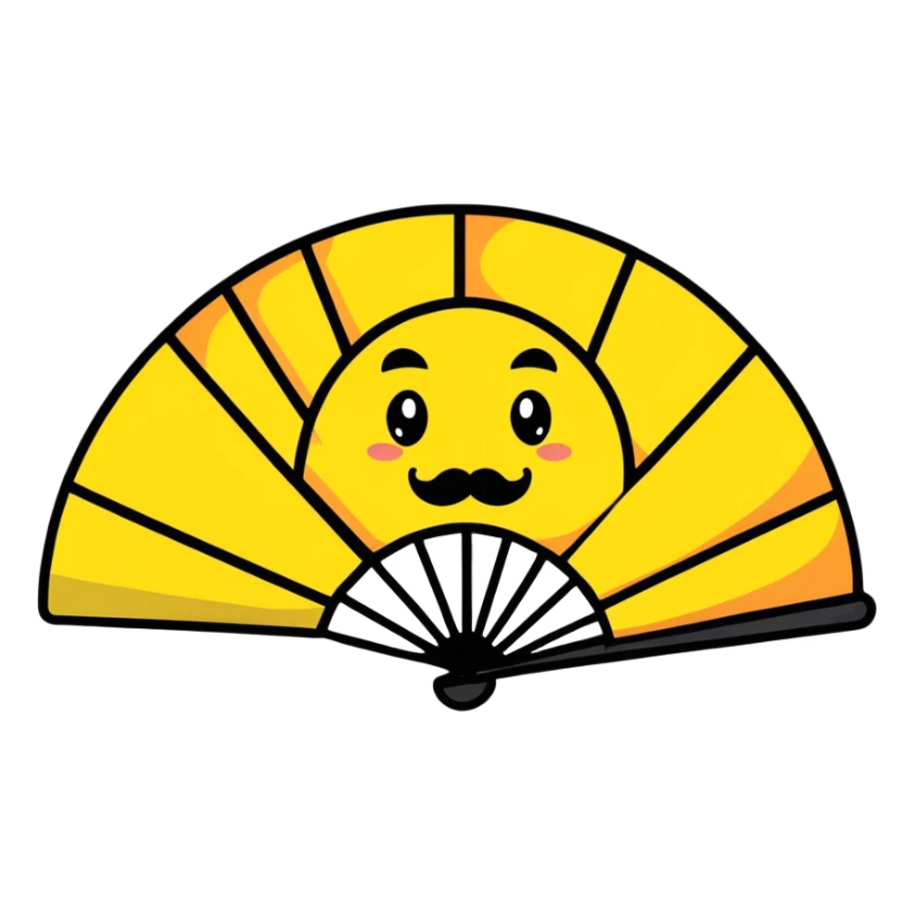 Colorful paper fan with smiling face and curly mustache sticker